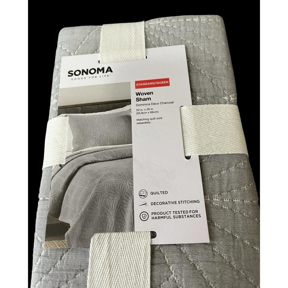 Sonoma Woven Pillow Sham Dominica Deco Charcoal Quilted Standard Queen 20 x 26